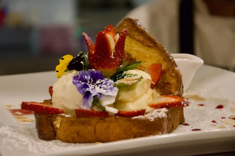 Brioche French toast with vanilla ice cream and fresh strawberries
