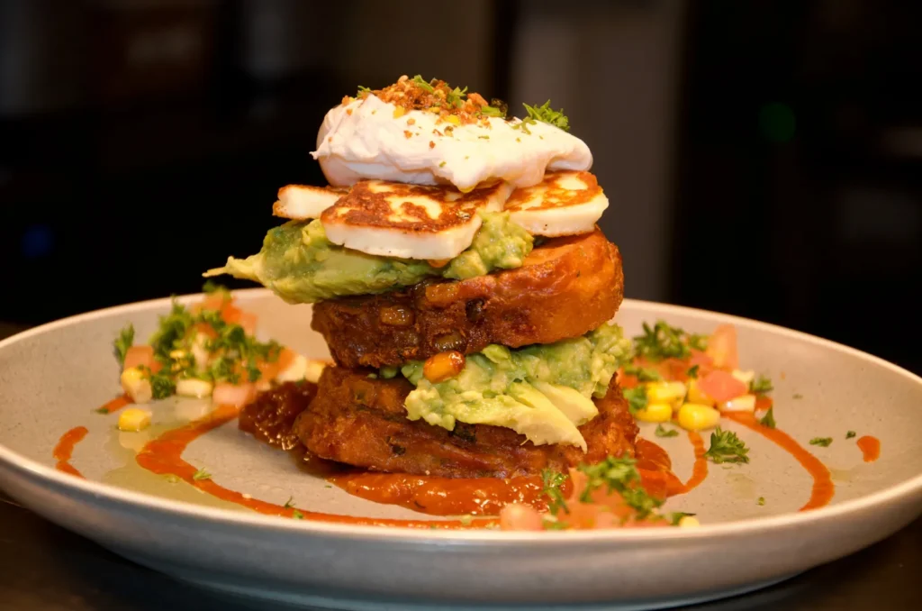 Corn, pea and halloumi fritters with smashed avocado and a poached egg