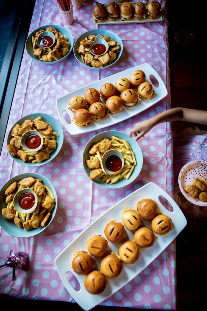 Kids' party menu of mini sliders, chicken nuggets and chips at La Baguette, Berwick