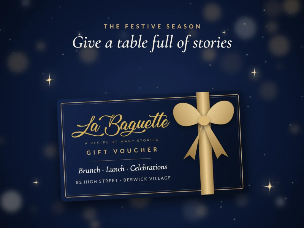 La Baguette festive season gift voucher with gold ribbon