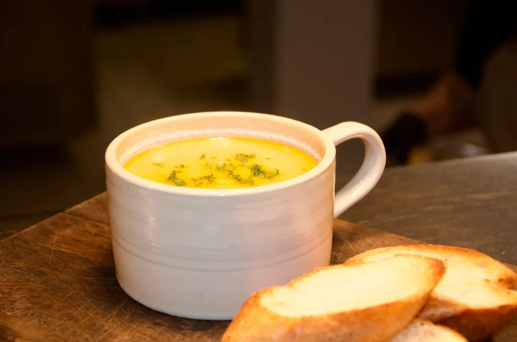 Soup of the day with toasted baguette slices